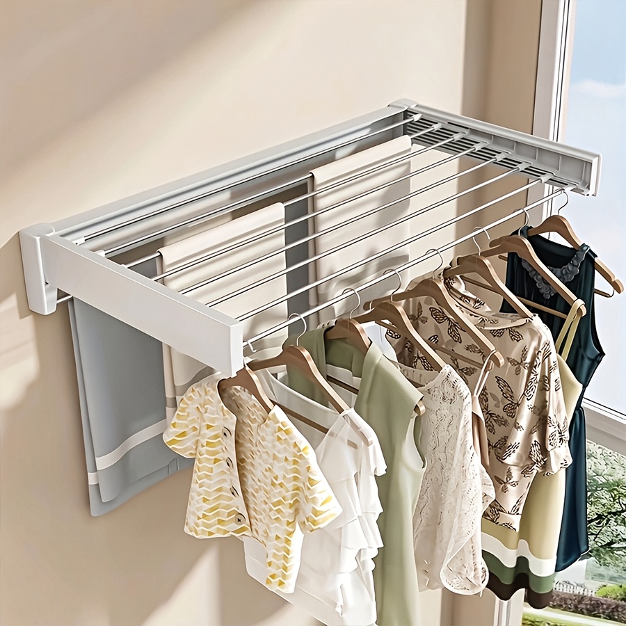 TEMU 1-pack Heavy Duty Folding Hidden Wall-mounted Clothes And Towel Drying Rack - 5 Rods, Space Saving Storage Rack, Foldable