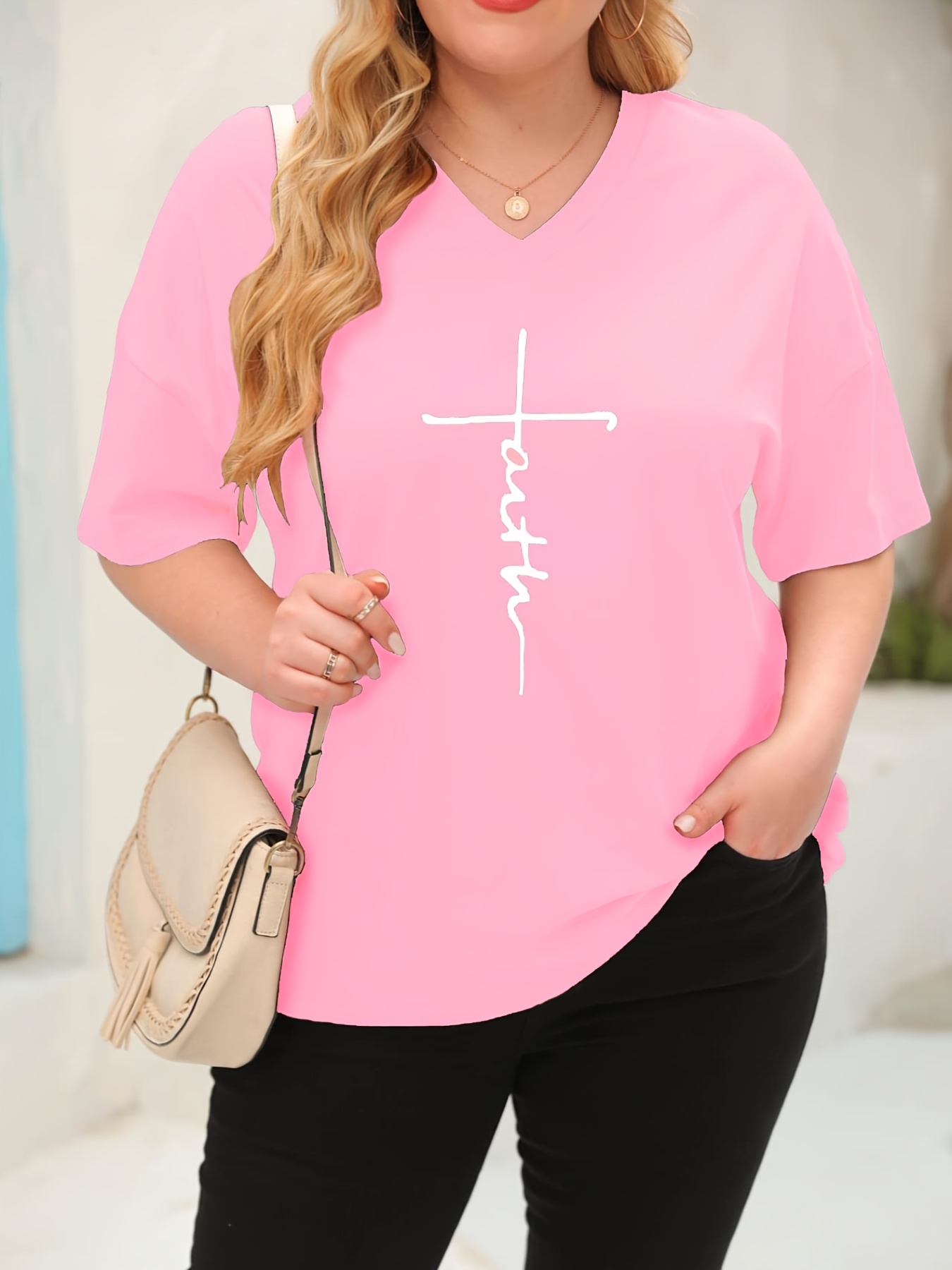 Plus Size - Women'S Plus Size V-Neck Casual T-Shirt - Short Sleeve, White with Black Letter Print, Lightweight Summer Tee for Casual Attire, Ladies T Shirts