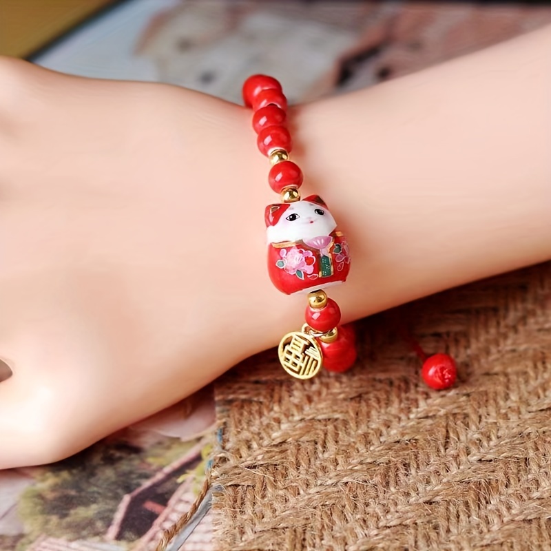 

1pc Ceramic Bead & Hand-woven Bracelet With Lucky Cat Bell Charms, Adjustable & Playful Jewelry Accessory, Vintage Bohemian Style For Women And Men