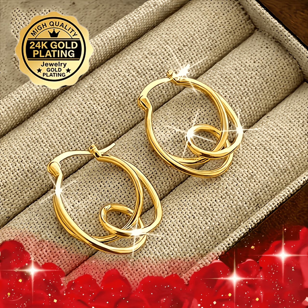 TEMU 1 Pair - 24k Golden Plated - Women's Fashion Hoop Earrings - Clasp-style Luxurious Exquisite Fashion Style, Versatile Jewelry, For Daily Wear,