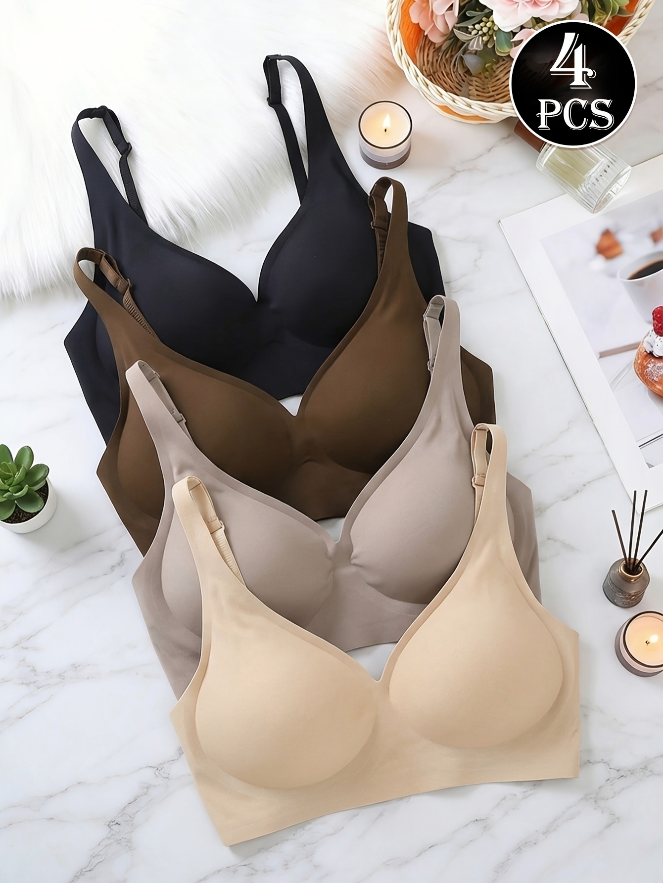 4pcs Women's V-Neck Jelly Soft Support Bra Set
