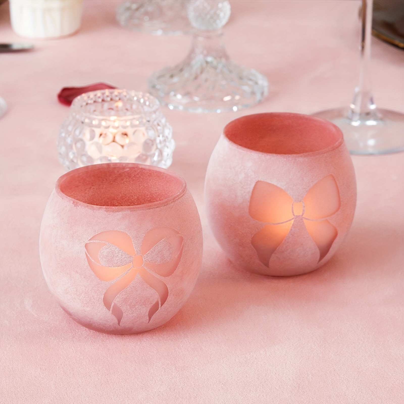E-shop Europäischer Stil 2er-Set Kerzenhalter mit Schleifen - Nordisches Blau & Rosa Design, Elegante Dekoration für Ostern, Muttertag, Hochzeiten,
