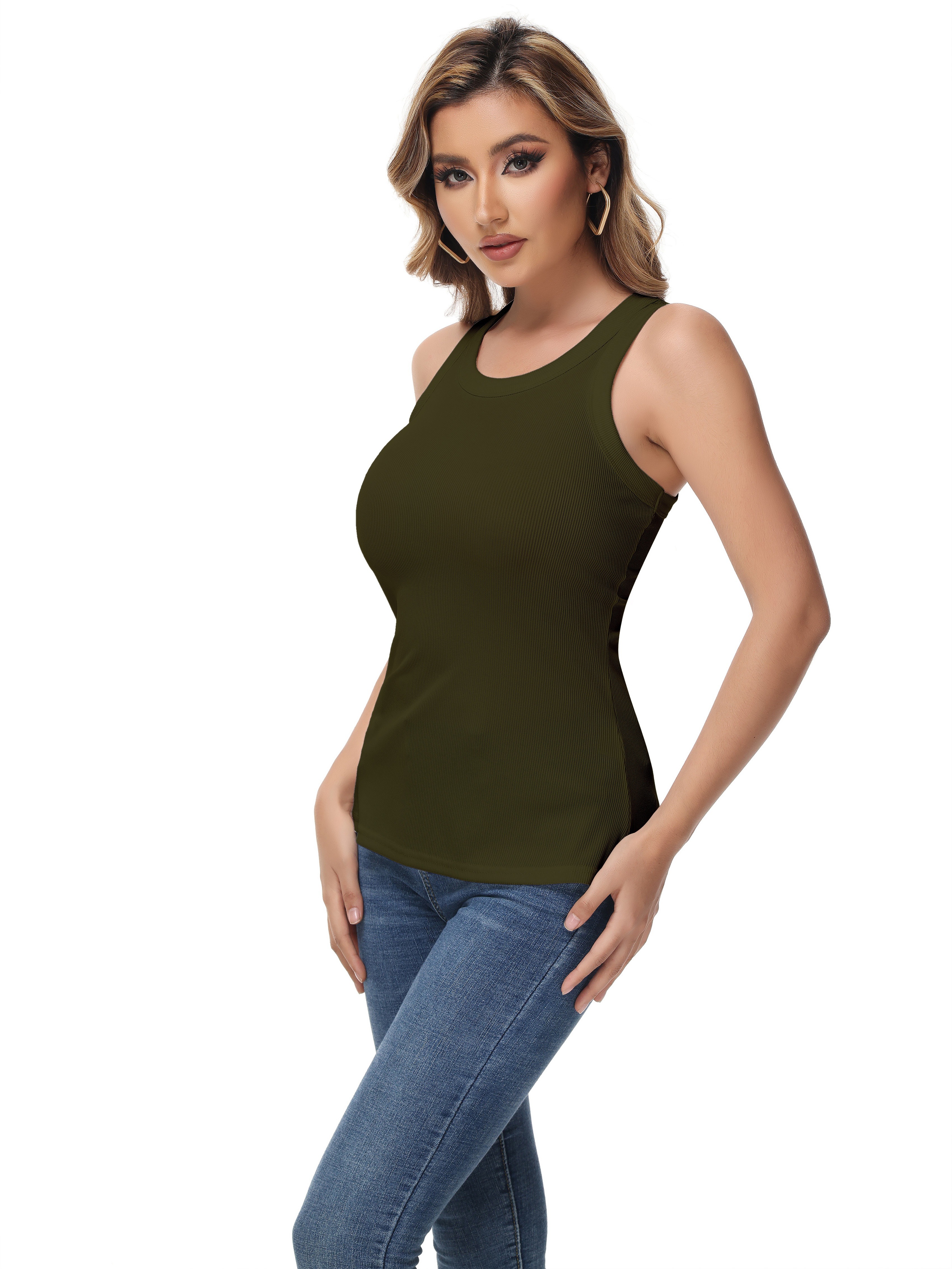 women sleeveless sports tank top workout casual rib basic slim fit sports tank top womens activewear army green 2 4