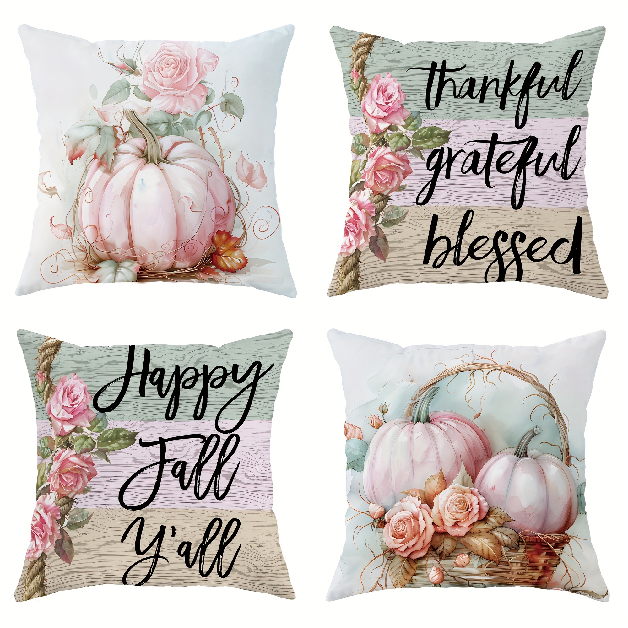 

4pcs Velvet Fall Thanksgiving Throw Pillow Covers Farmhouse Floral Pumpkin Wood Panel Pink Teal Decorative Pillow Covers 18*18 Inch For Fall Living Room Bedroom Sofa Bed Decoration