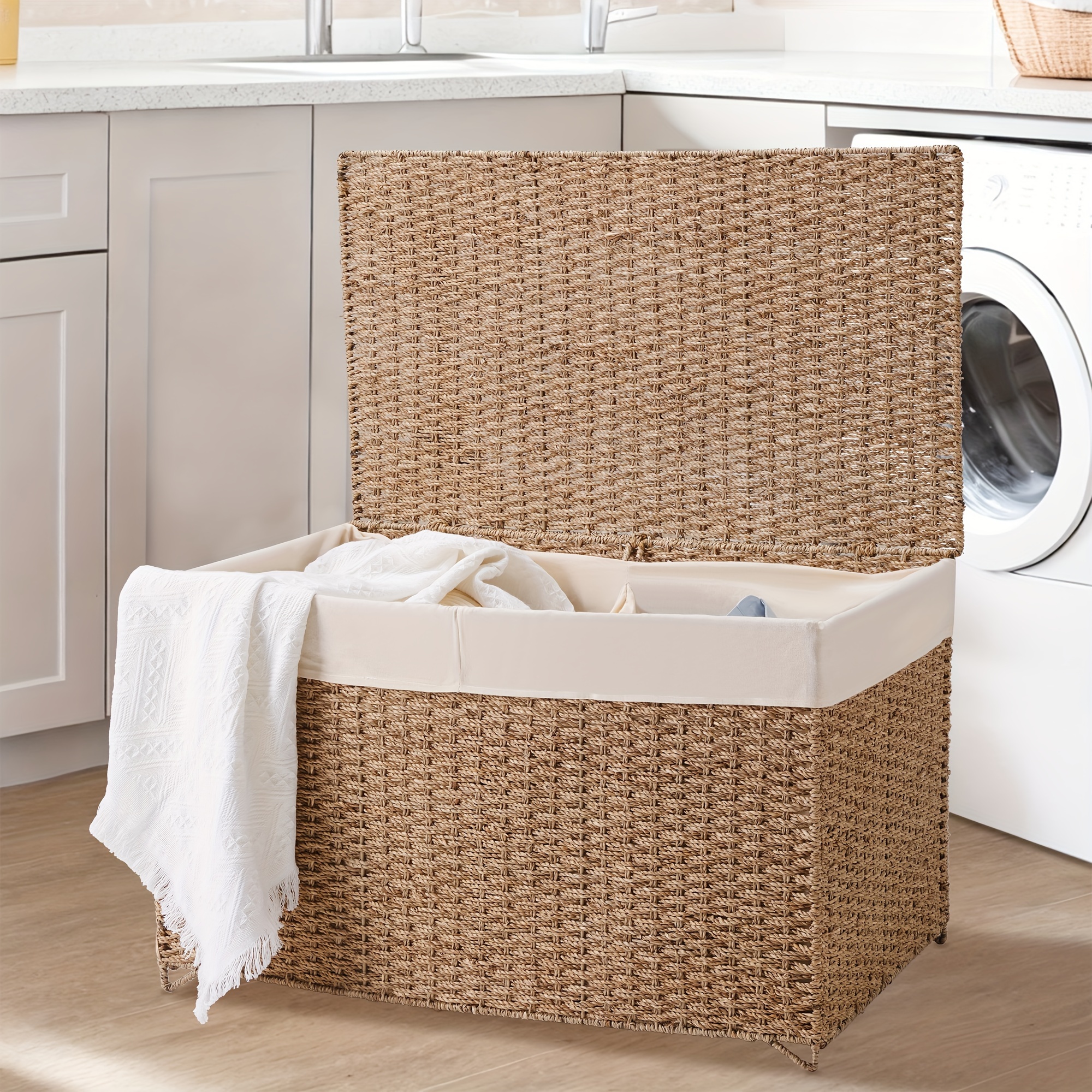 

1pc Double Laundry Hamper With Lid - 160l (42 Gallon) Natural Seagrass Hand Woven Clothes Toy Storage Basket With 2 Section Removable Liner, Foldable Rattan Hamper Trunk For Bathroom, Bedroom