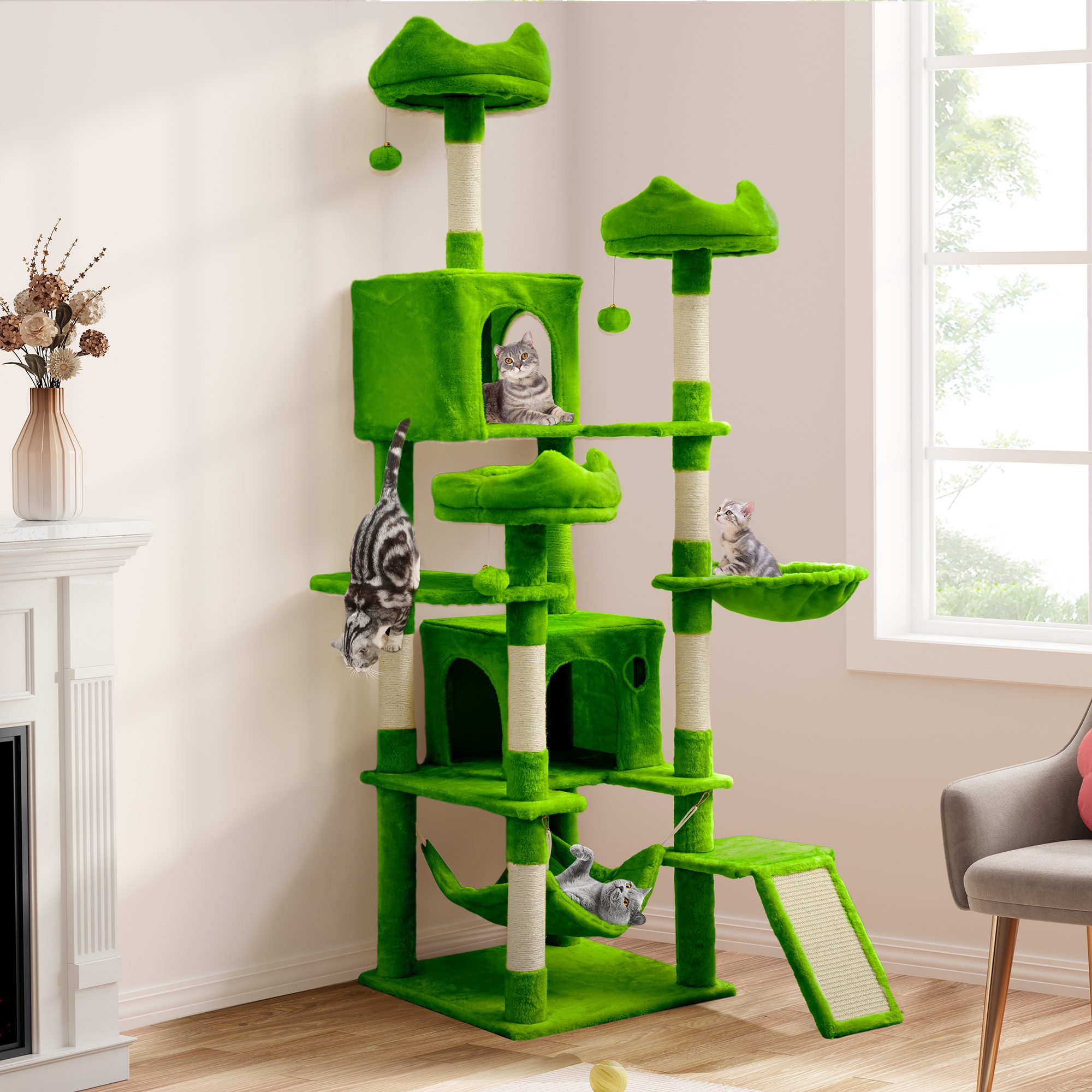 TEMU 75" Indoor Cat Tree Tower For Large Cats Up To 20 Lbs - Multi-level Condo With Cozy Perches, Scratching Posts & Hanging Toys - Sturdy Wooden Base For Safety & Stability