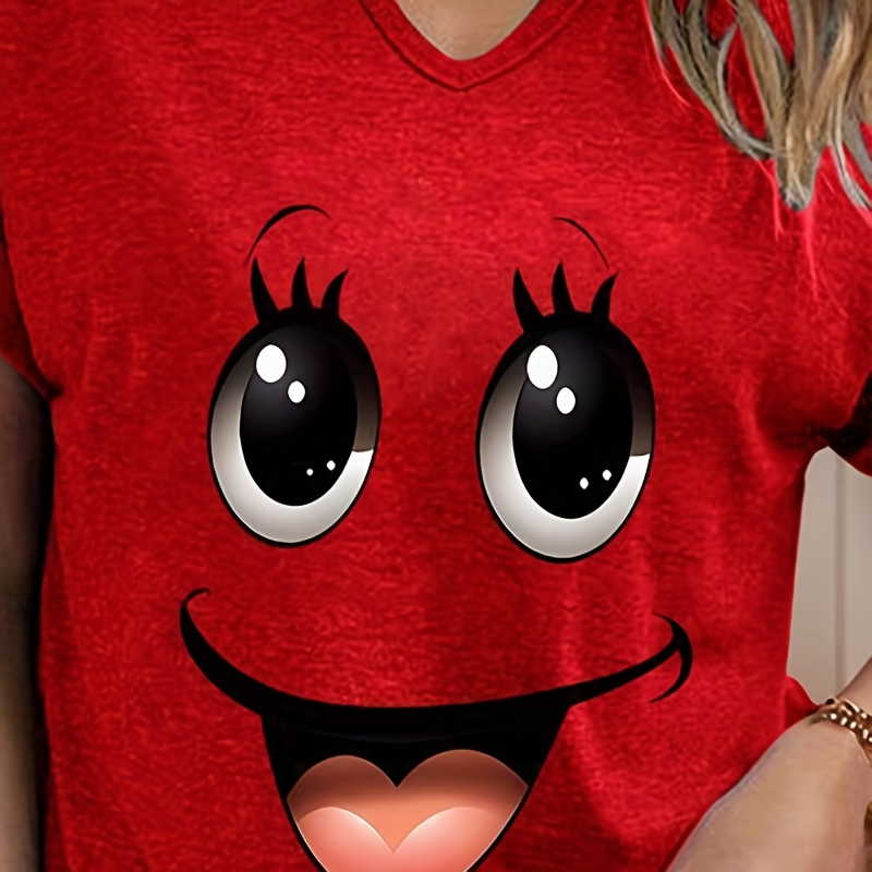 

Women's Cute Cartoon Graphic T-shirt - Big Eyes And Eyebrow Print, Casual V-neck With Rolled Sleeves, Lightweight Polyester ,