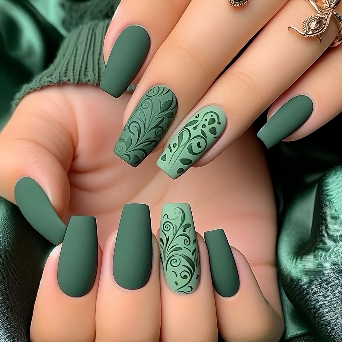 TEMU Unghie Finte Donna Serie Verde, Forma Balletto, Medio-Lunghe, con Fiori, Motivi , Piante, a Scorrimento, Nail Art , Unghie Rimovibili e