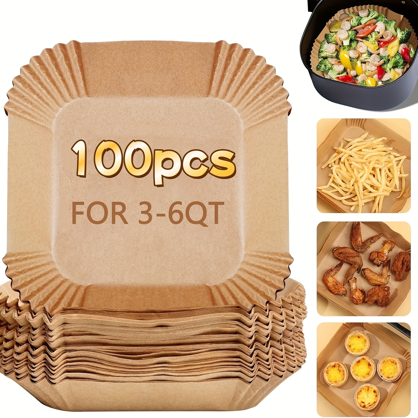 E-shop 100 Stück Backpapier-Einlagen für Heißluftfritteusen, Antihaft-Bögen kompatibel mit 6 Zoll Pfannen, 6-Zellen-Korb – Einzeln verpackt
