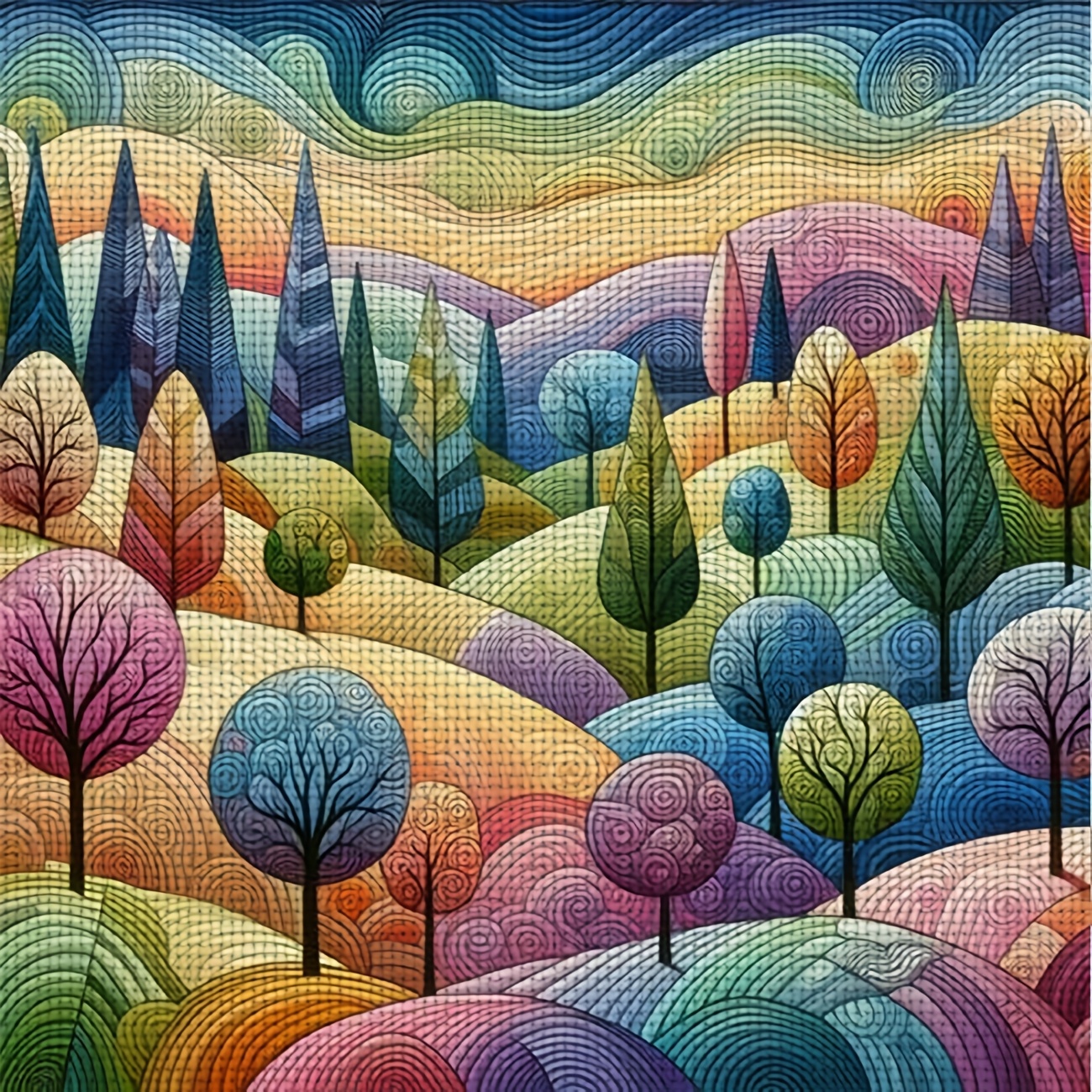 TEMU 1pc Printed Diy Stitch Kit, Frameless, "colorful Abstract Tree Landscape" Pattern, Beginners' Relaxing Craft Time, Allows You To Experience The