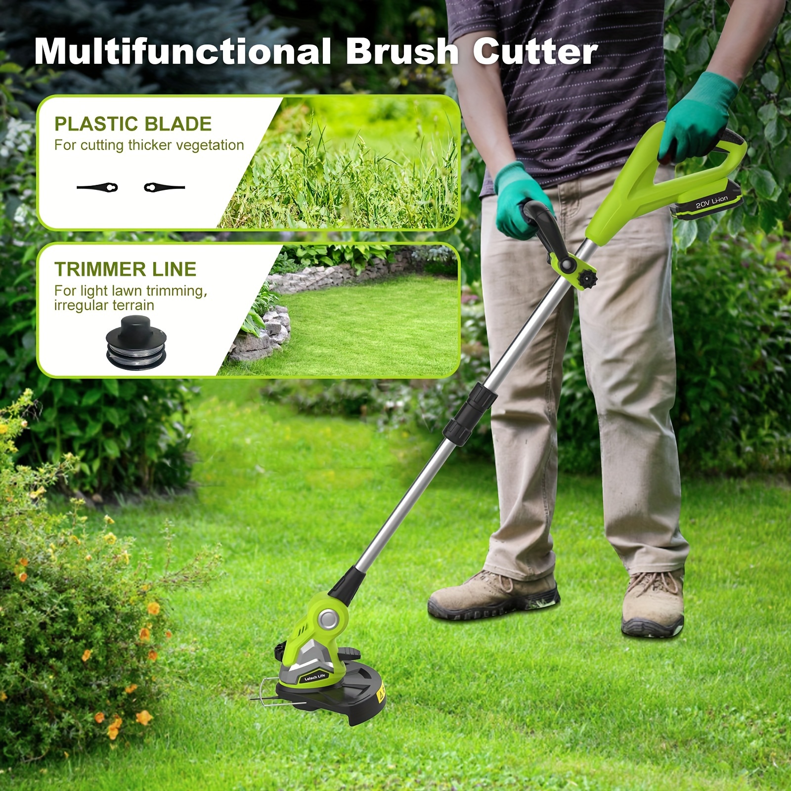 

String Trimmer Cordless & Edger 20v 10" Trimmer Power Head 2.0ah Lawn Edger With Grass Cutter Spool Line And 20pcs Plastic Blades Battery & Charger Included Grass Trimmer Tools For The Garden And Yard