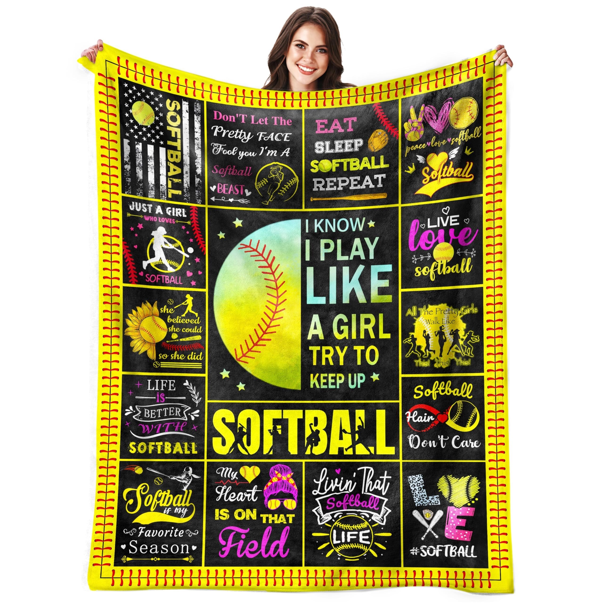 

Contemporary Softball Flannel Throw Blanket - Lightweight, All-season For Bed & Sofa, Digital Print Knitted Polyester, Machine Washable, Gift For Softball Enthusiasts - 1pc