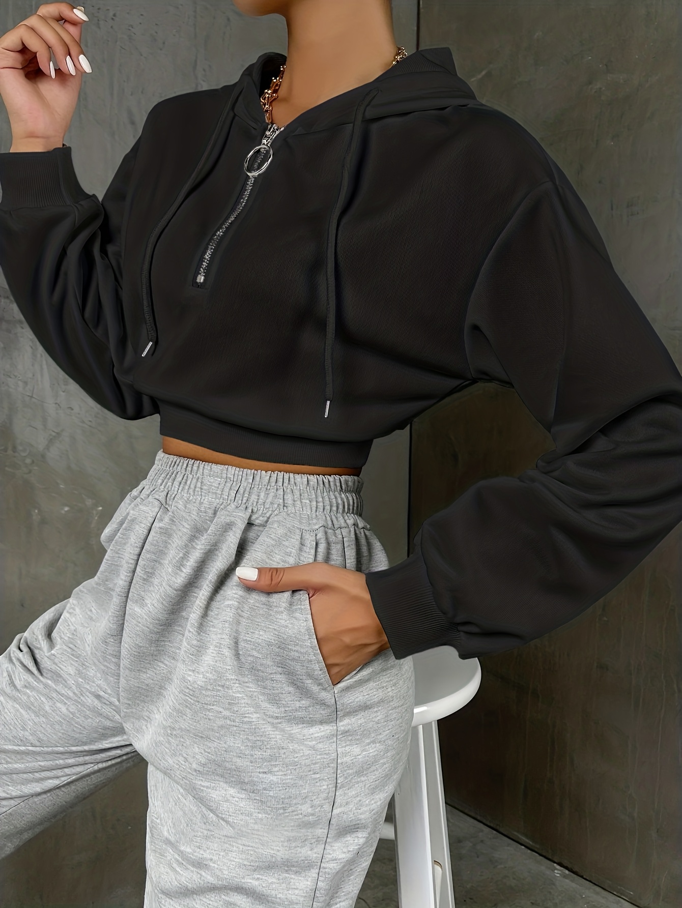 womens casual o ring zip hoodie long sleeve cropped Temu United