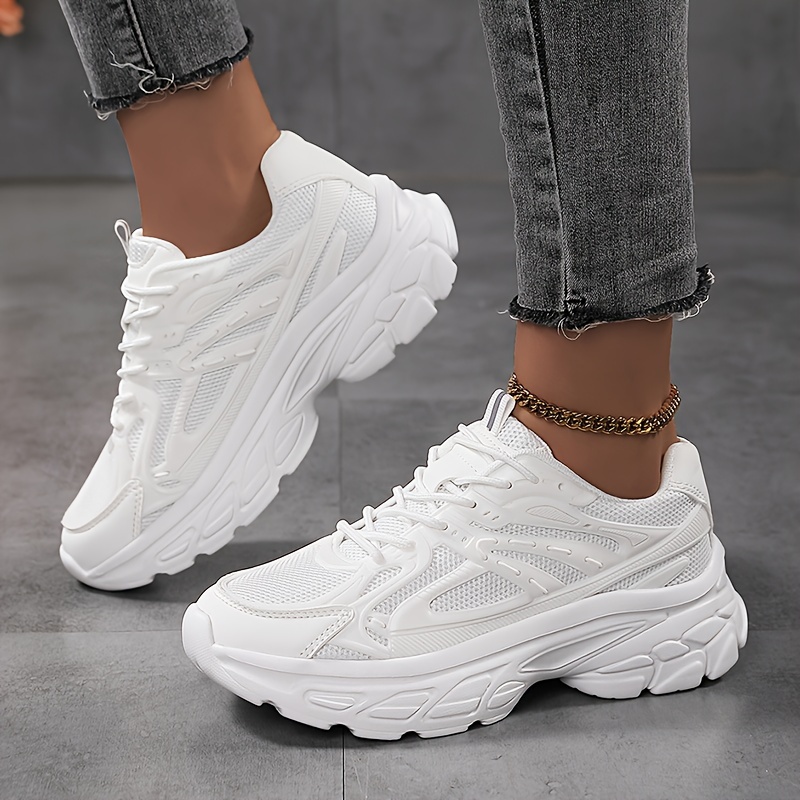 

Women's Low Top Sports Shoes, Breathable White Lace Up Walking Trainers, Casual All-match Running Chunky Sneakers