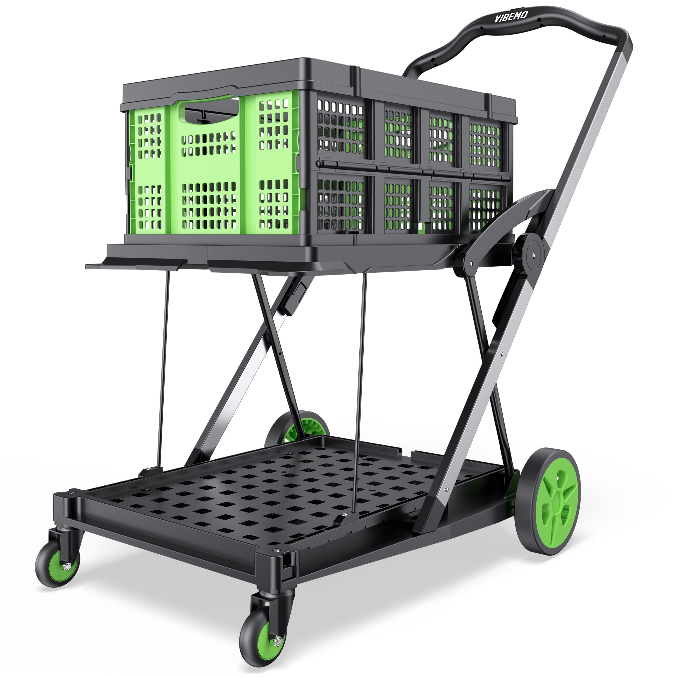 

Foldable Shopping Cart, 6-in-1 200 Lbs Multi Functional Collapsible Carts With 1 Storage Crates, 2-tier Portable Utility Cart, Adjustable Folding Trolley For Shopping Warehouse Office Outdoor