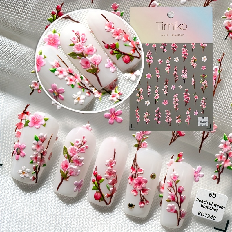 Image of 1 Peach Flower Themed Nail Art Sticker, Containing Trendy Summer Nail Art Materials Such As Blossoms With Leaves, Peach Blossoms With Branches, Flower Buds, Petals, Etc., Suitable For Personal Diy Use