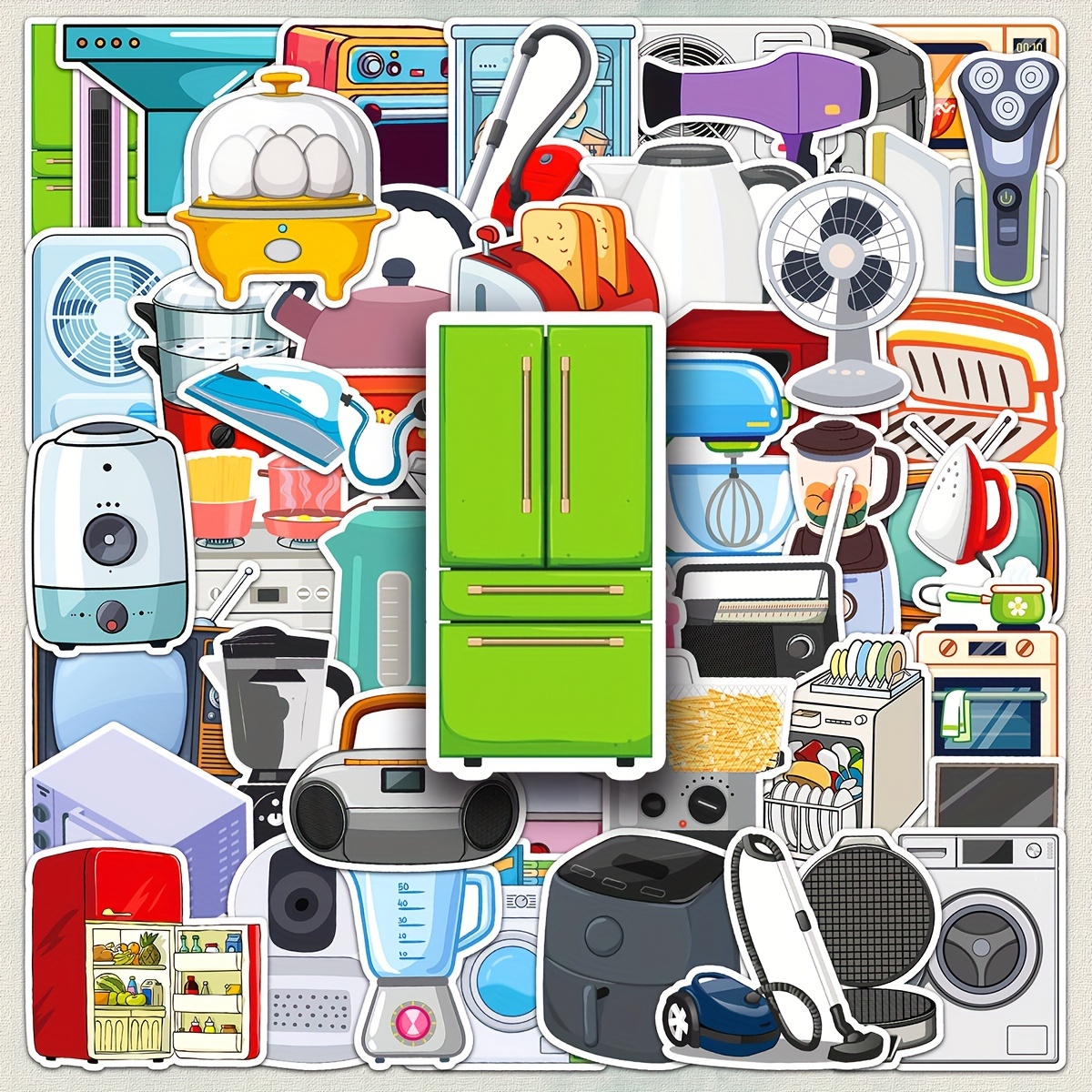 

50pcs Of Cartoon Kitchen Appliances And Utensils Stickers For Plastic, Mobile Phone Cases, Motorcycle Helmets, And More - Matte , Self-adhesive, Single Use, Irregular Shape