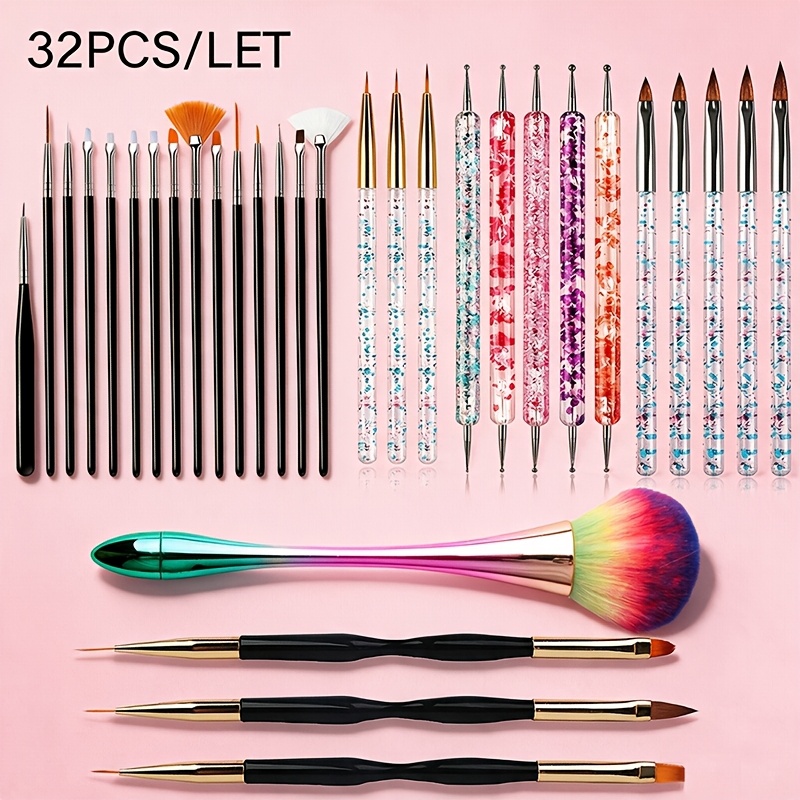 TEMU 32pcs Professional Nail Art Brush Set With Nylon Bristles & Drawing Pens/pens Suitable For Nail Dotting, Salon & Home Use, Multi-tool For Nail,