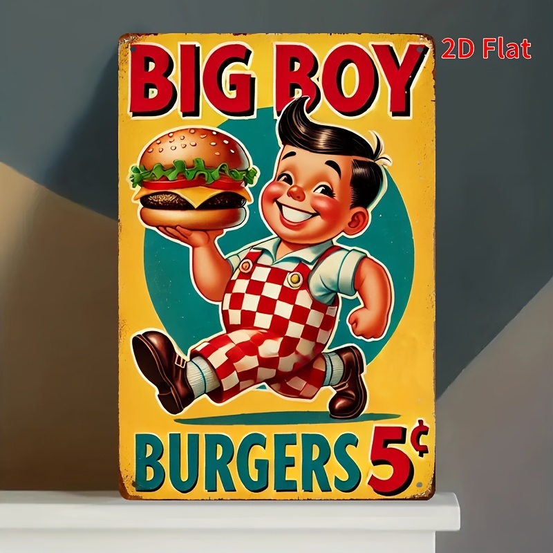 E-shop 2D Flat - Dieses 2D-Flat-Design zeigt ein großes "Boy Hamburger" Metallschild mit den Maßen 8" x 12". Es präsentiert eine Wandkunst im