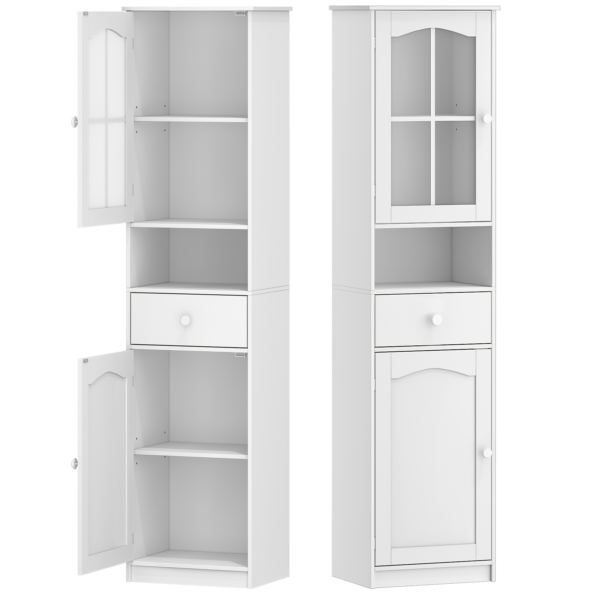 White Bathroom Cabinet With A Glass Door, Featuring And A Single Drawer. It Includes Adjustable Shelves And Is Ideal For Bathrooms And Living Rooms. Dimensions Are 40 X 30 X 170 Cm