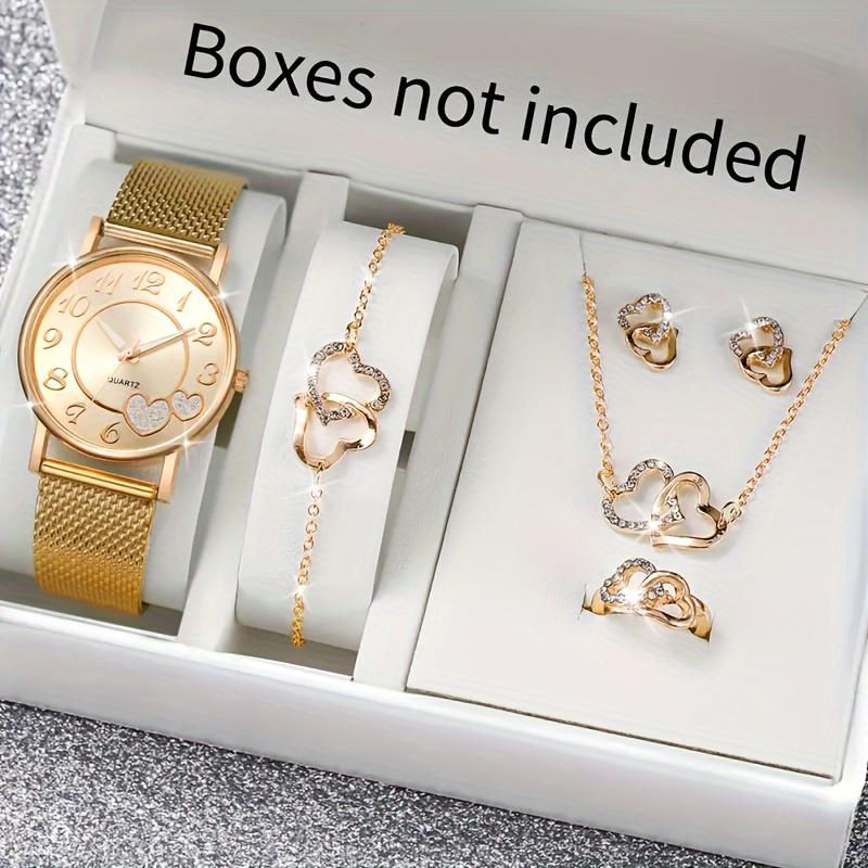 

6pcs Golden Quartz Watches For Women Stainless Steel Mesh Wrist Watch With Heart Jewelry Set Great Gift For Her Mom Girlfriend