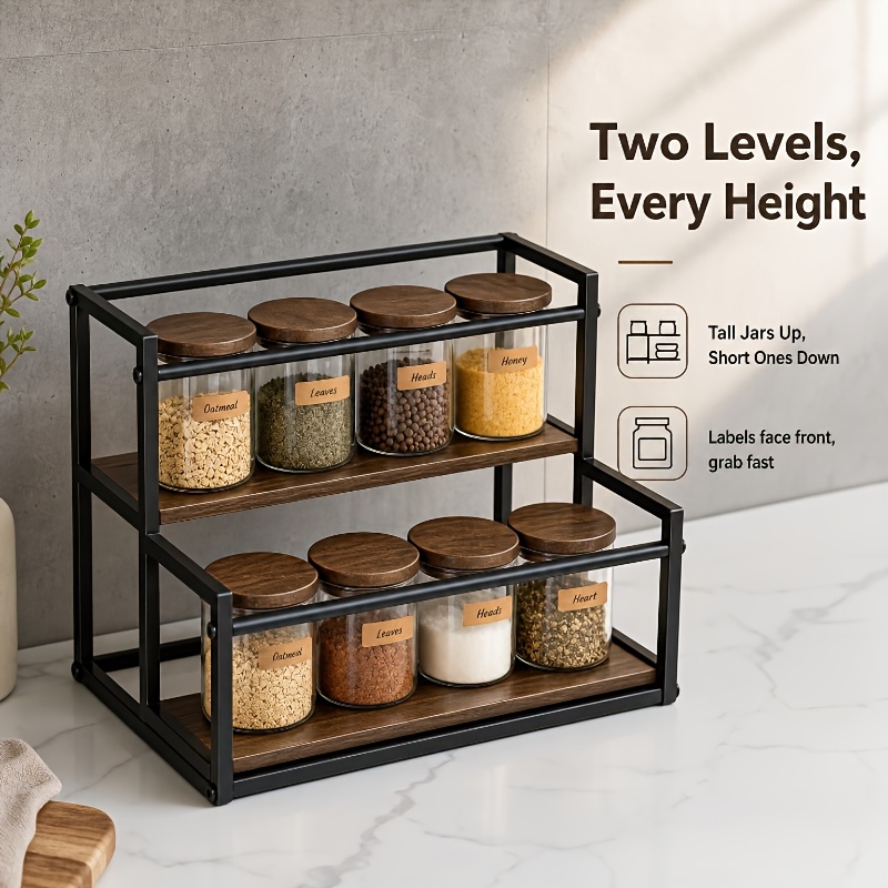 2-Tier Kitchen Storage Rack with Wooden Base, Space-Saving Spice Shelf