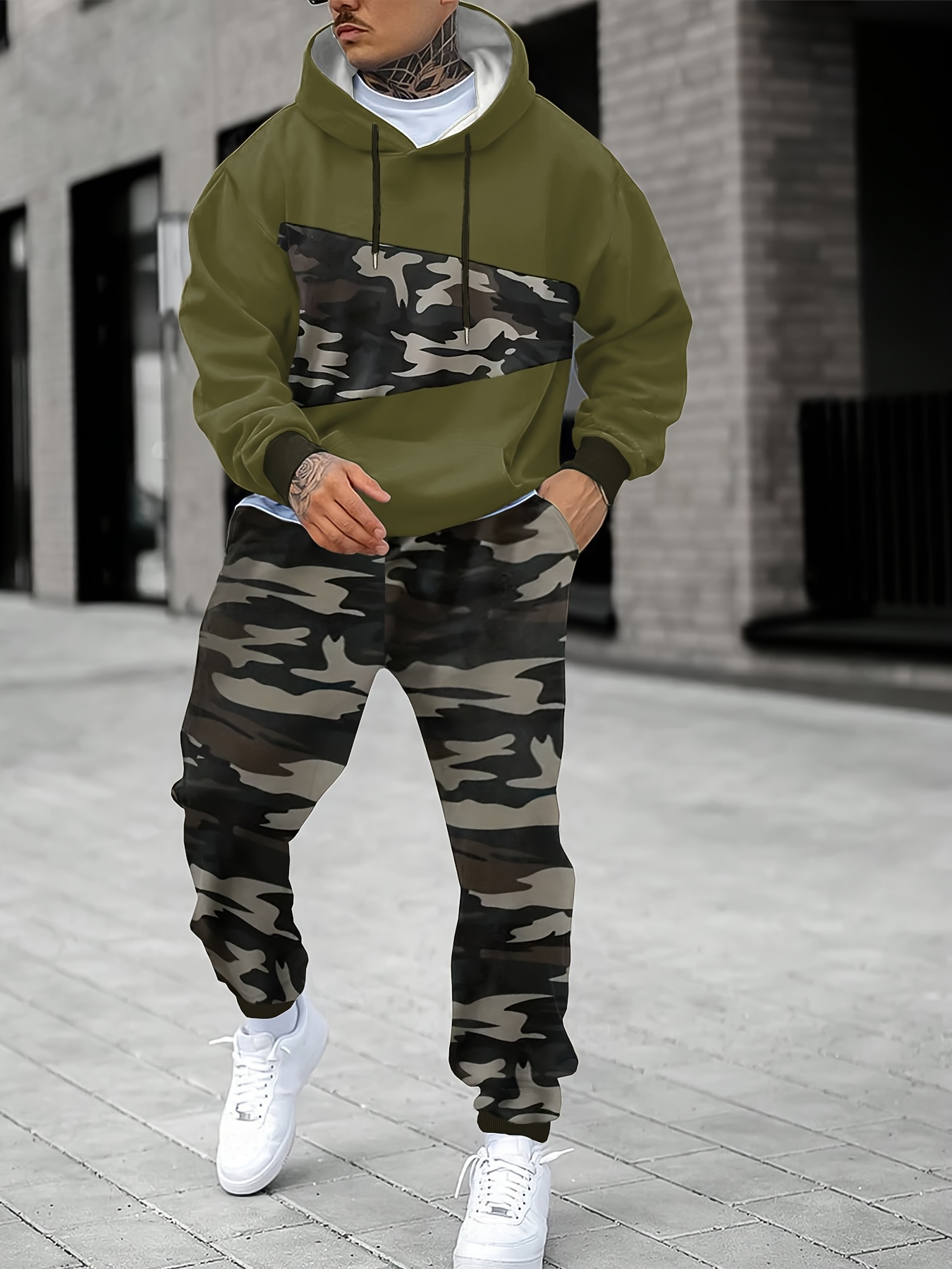 men's camo hoodie jogger set olive green black/brown Temu Bahrain