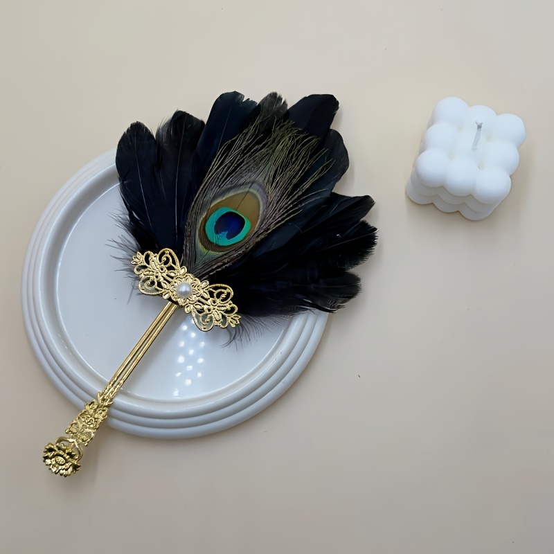 Image of 1pc Vintage Feather Hand Fan Golden With Peacock Feathers, Suitable For Weddings And Formal Events, Elegant Fan For Performances