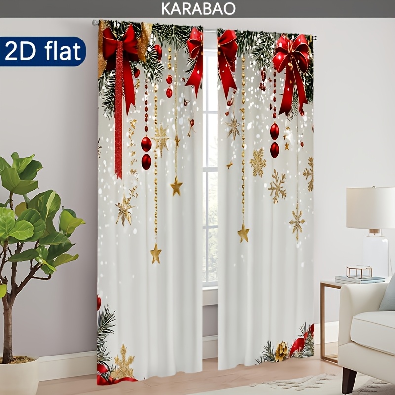 TEMU 2d Flat - 2d Flat - 2d Flat 2pcs Christmas Red Branch Snow Scene Curtains, With Bows, , Semi-transparent And Machine Washable, Pocket Rod
