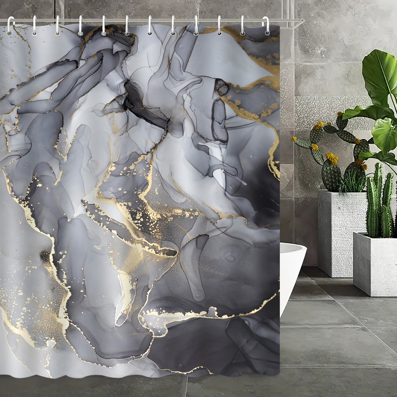 TEMU Marble Print Pattern, Suitable For Home And Bathroom Decoration, With 12 Hooks, Polyester Fabric Bathtub Curtain, , Bathroom Partition, Room