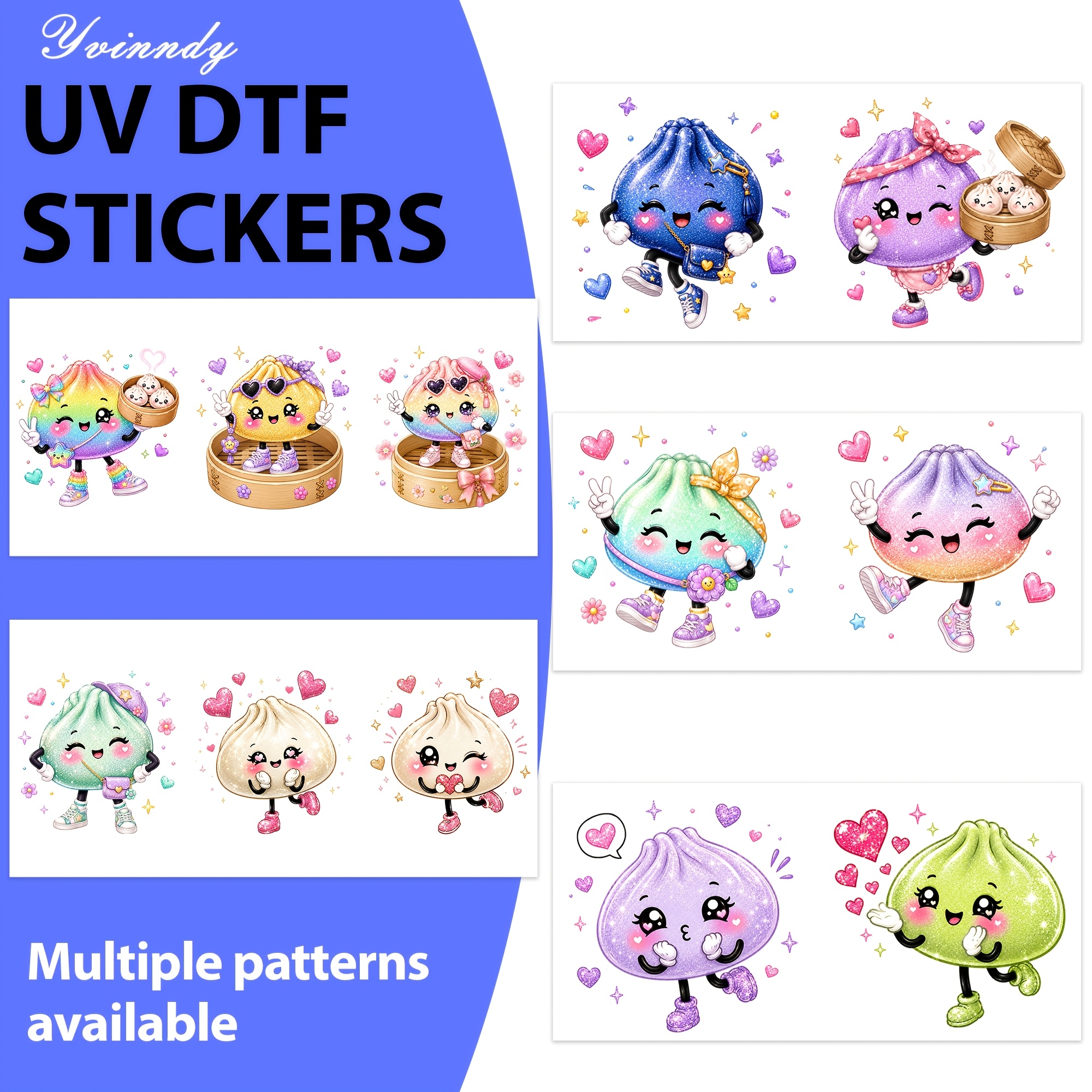 TEMU Set Of 5 Glittery Dumpling With Outfit, Legs, And Hearts, Designed For Uv Dtf Transfer. Waterproof And Scratch-resistant Are Ideal For 16 Oz