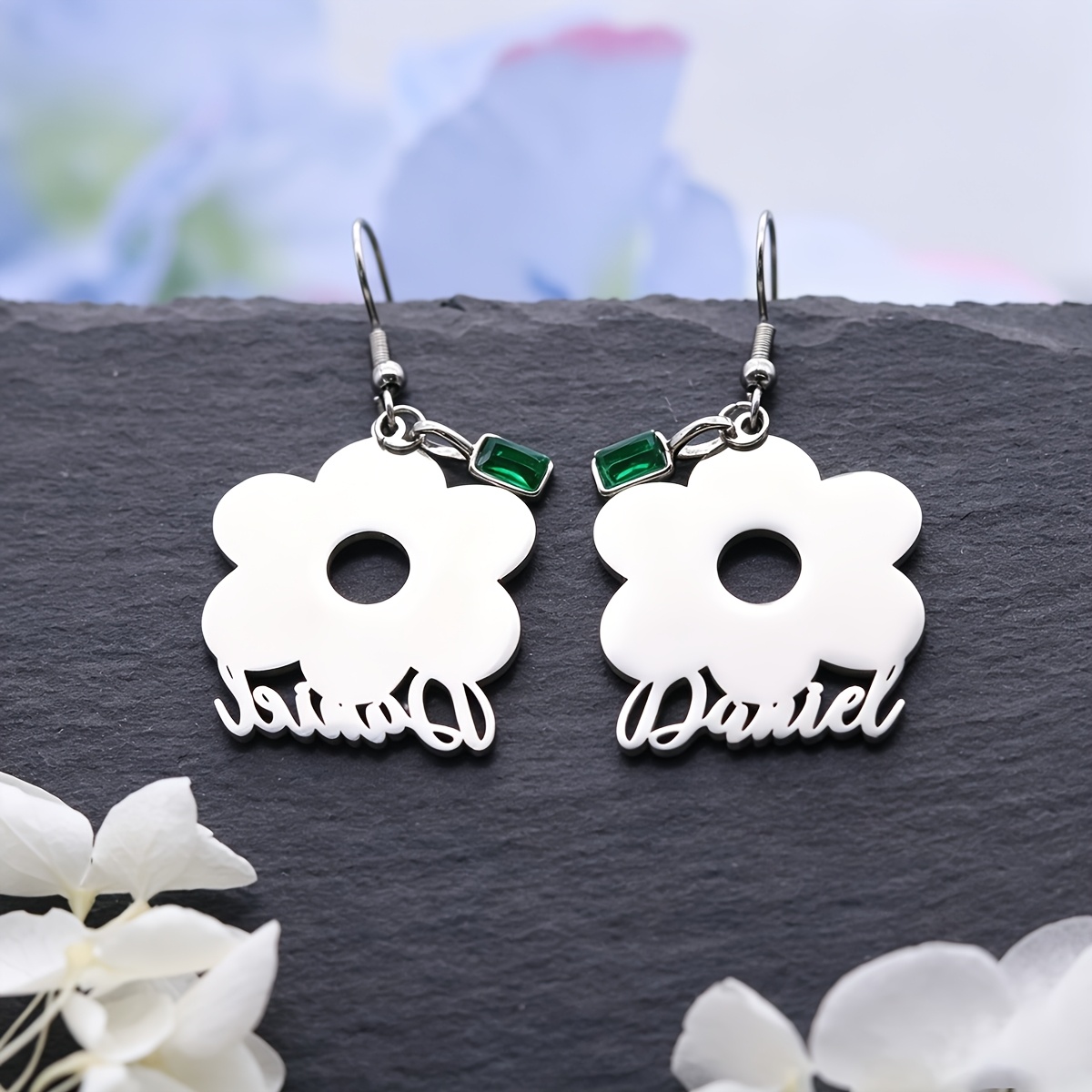 Personalized Flower Drop Earrings with Engraved Name