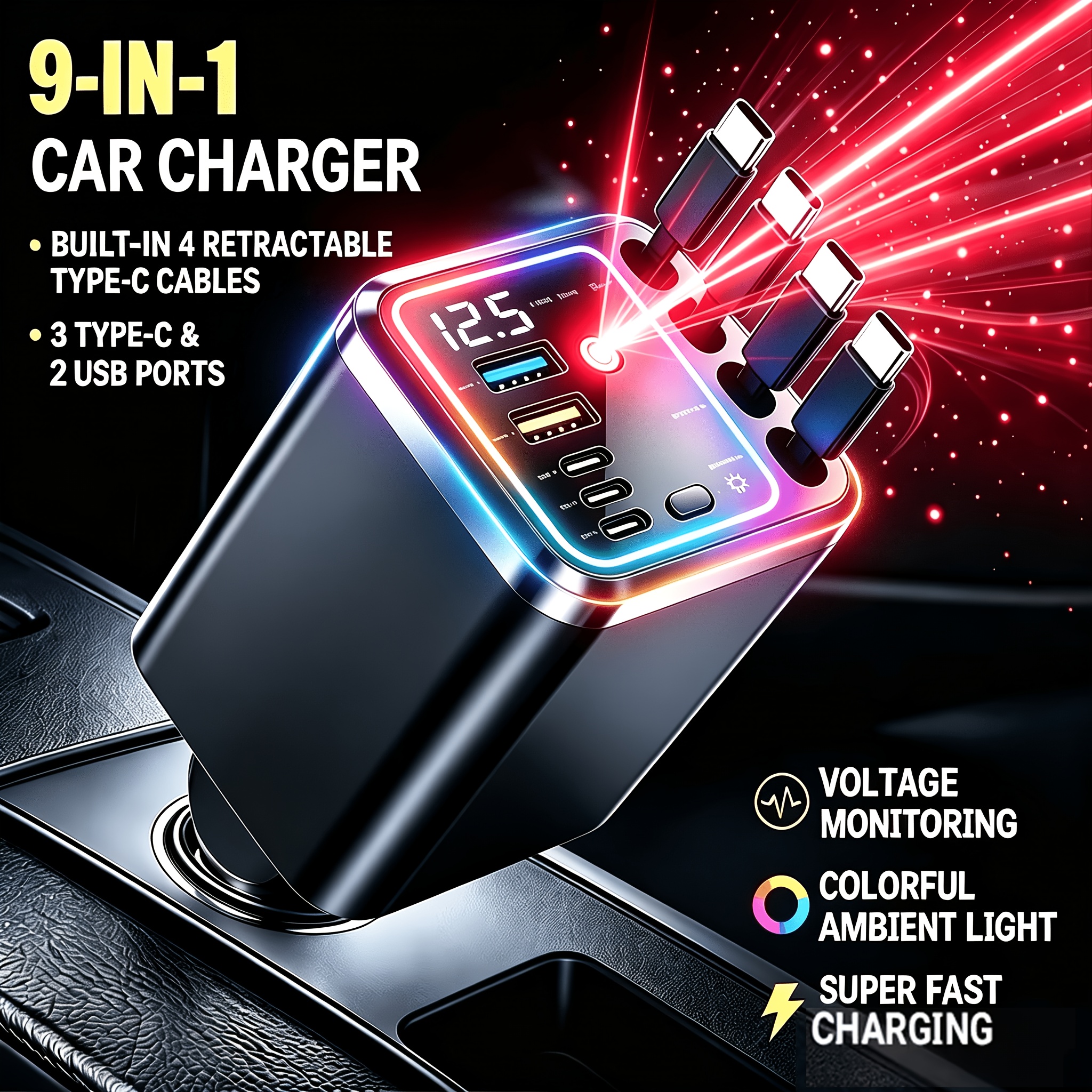 TEMU Newly Upgraded Multifunctional Spotlight Car Phone Charger, 9 In Fast Charging Charger | With 4 Extendable Fast Charging Cables, 180 ° Angle