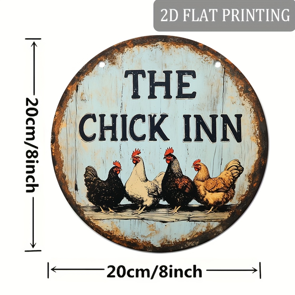 TEMU 2d Flat, 1pc Retro Round "the " Metal Chicken Sign - 8"x8" Rustic Farmhouse Wall Decor With Vintage Chicken Coop Art, Hen & Chicks Design -