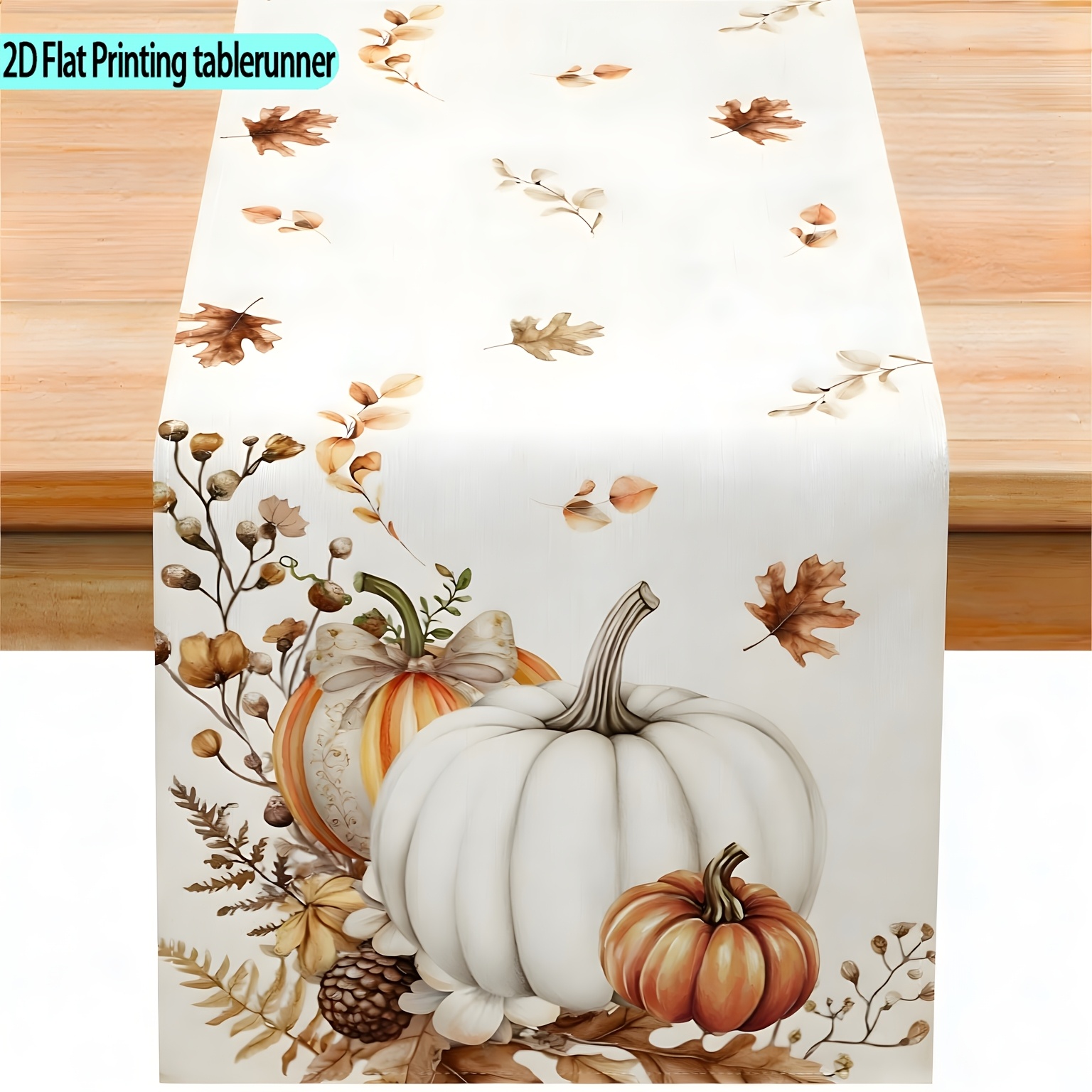 TEMU 1pc Autumn Table Runner Striped Pumpkin Maple Leaf Harvest Style Decor Suitable For Farmhouse Dining Table Sideboard Kitchen Arrangement 2d Flat