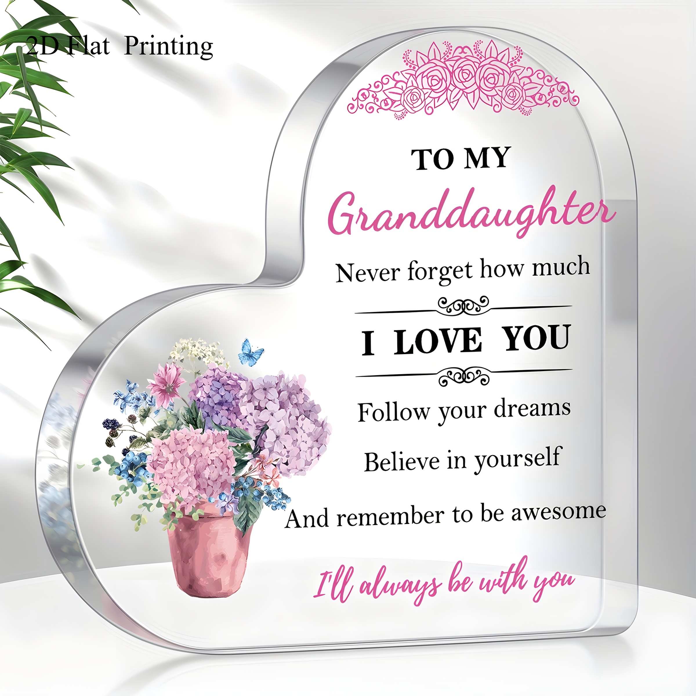 TEMU Plat 2D, 1 pièce Cadeau-souvenir pour petite-fille - Cadeau en acrylique de cœur de à petite-fille, avec vase à lilas et marguerites, à un