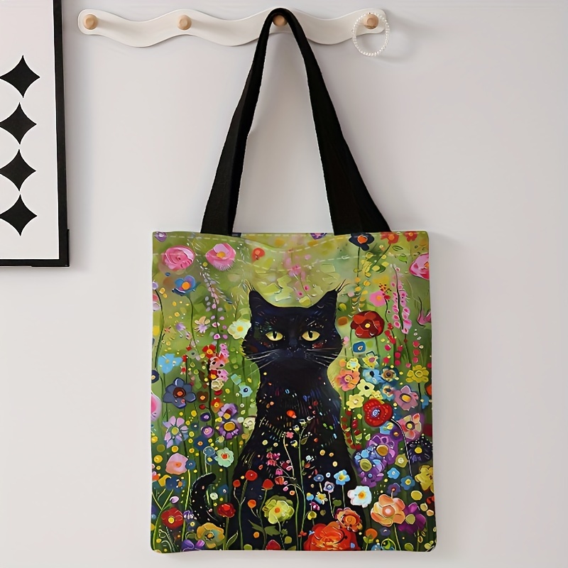 E-shop Katzenblumenmuster Bedruckte Casual Umhängetasche, Wiederverwendbare Modische Einkaufstasche Multifunktionale Handtasche mit Druck