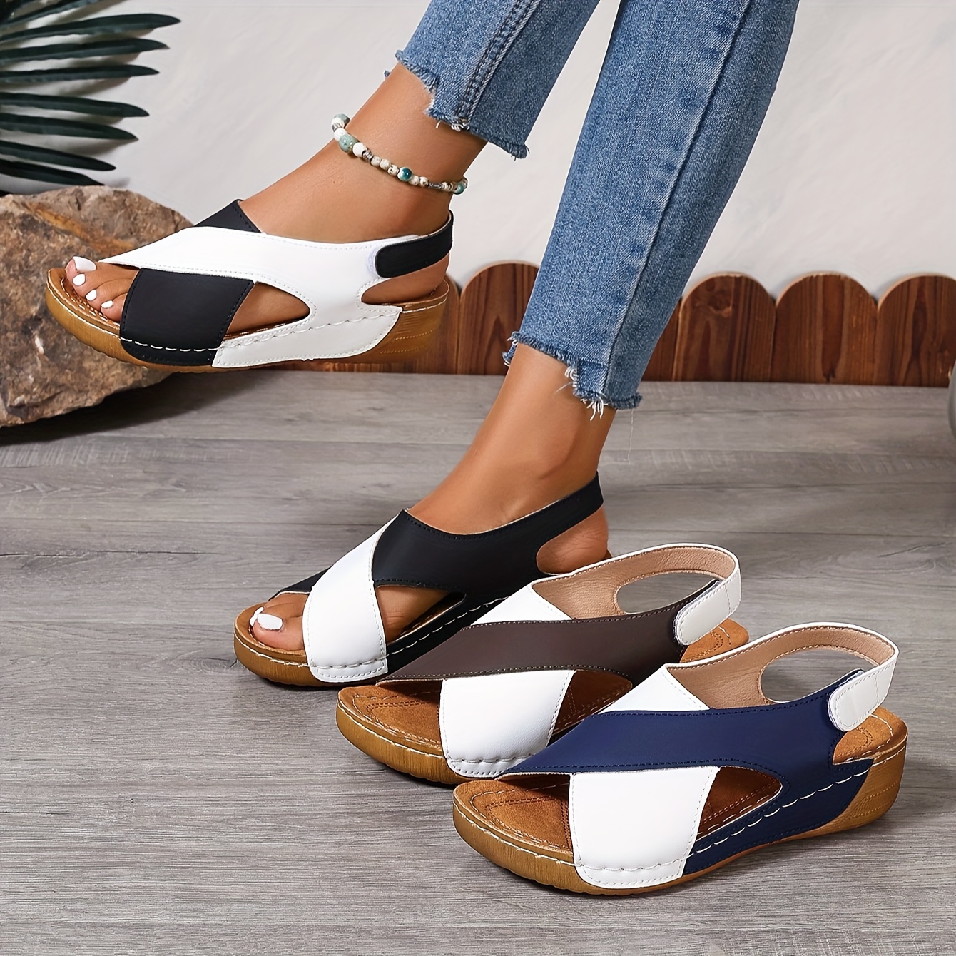 

Women's Contrast Color Wedge Sandals, Peep Toe Slingback Soft Sole Shoes, Comfy Outdoor Summer Sandals