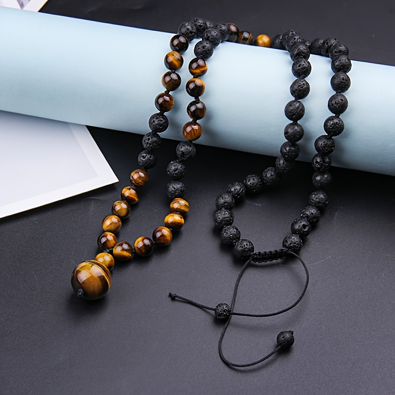 Chic 8mm Tiger Eye & Lava Stone Beaded Necklace with Pendant
