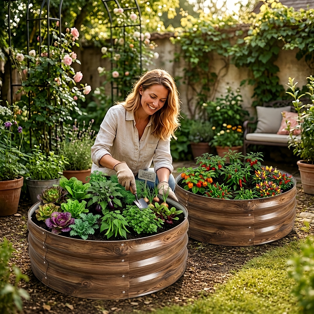 TEMU [galvanized Garden Bed] 2pcs Metal Raised Garden Bed - 2x2x1ft, Galvanized Oval Planter For Outdoor Flowers, Plants, Vegetables & Herbs -
