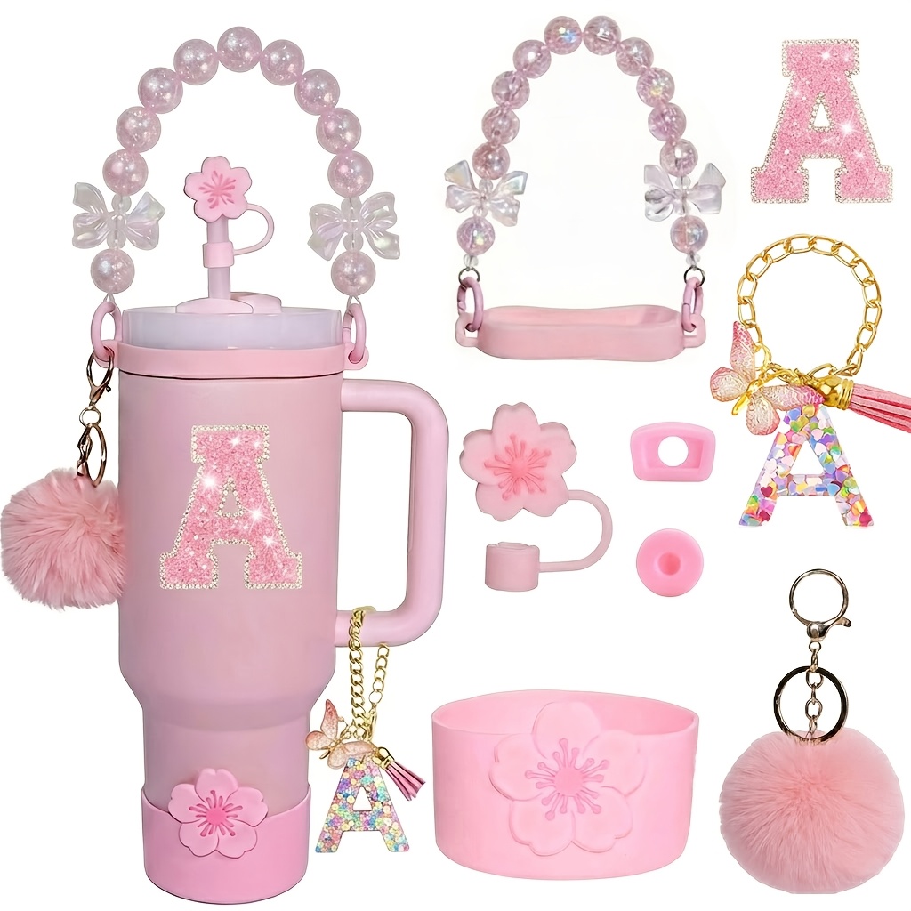 TEMU 9pcs Tumbler Accessories Set For 40oz Cup With Handle Perfect Gift Initial Letter Sticker Pink Cherry Style Premium Silicone & Beaded Strap Full