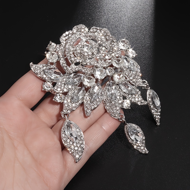 TEMU 1pc Women' Shiny Synthetic Synthetic Zirconia Rose Brooch Pin With Tassel Pendant - Elegant Luxury Rose Flower Collar Pin Suitable For Weddings,