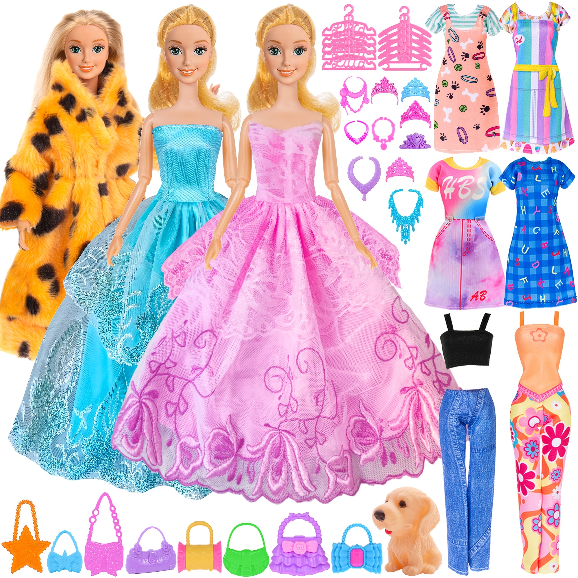 Image of 50pcs 11.5 Inch Girl Doll With Clothes Accessories 1 Doll, 1 Fur Coat, 2 Princess Gowns, 4 Fashion Dresses, 5 Slip Dresses, Outfits, Swimsuits, Doll Dress Up Toys For Girls Gifts ( Doll)