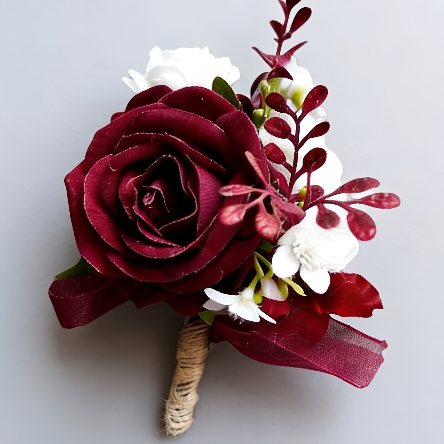 TEMU 1pc Men's Boutonniere For Groom And Groomsmen, Wrist Corsage For Bride And Bridesmaids, Burgundy Artificial Rose Flowers For Engagement, Wedding