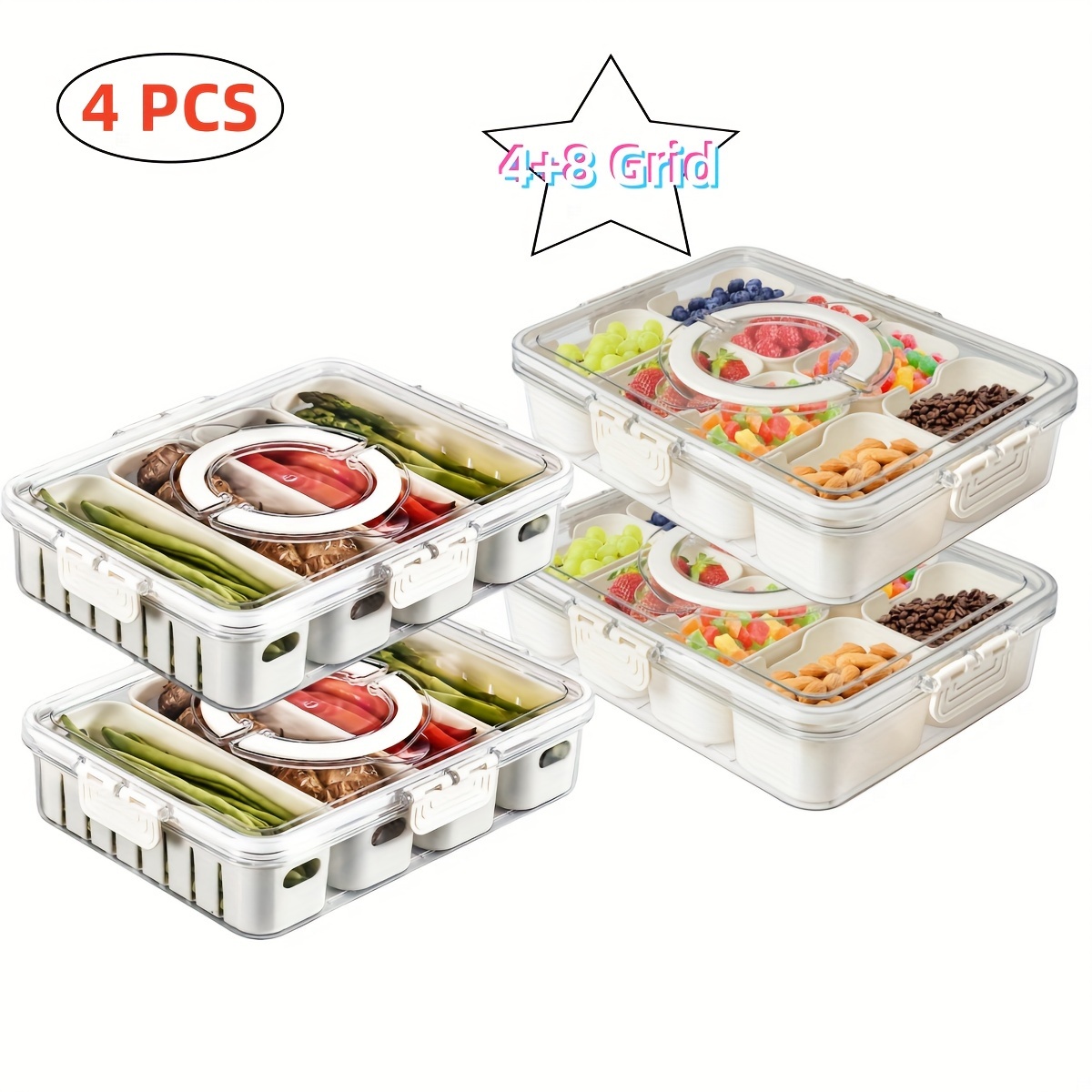 

2/4 Pcs Large Capacity Divided Snackle Box - 4/8 Grid Clear Portable Charcuterie Container With Lid And Handle For Organizing Candy, Fruits, Nuts, Snacks - Divided Veggie Tray With Lid And Handle