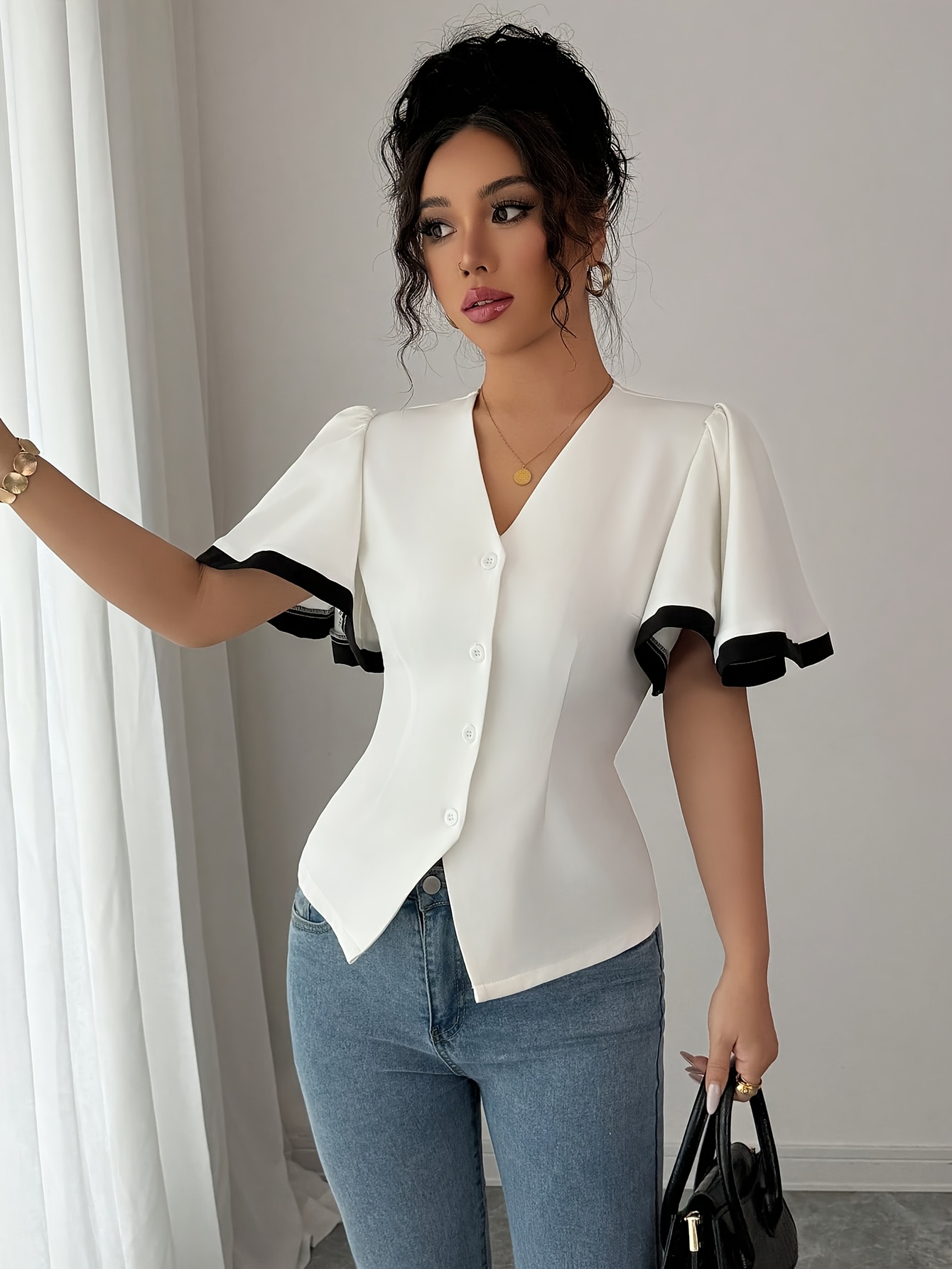 elegant white ruffle trim blouse black buttons v neck short Temu