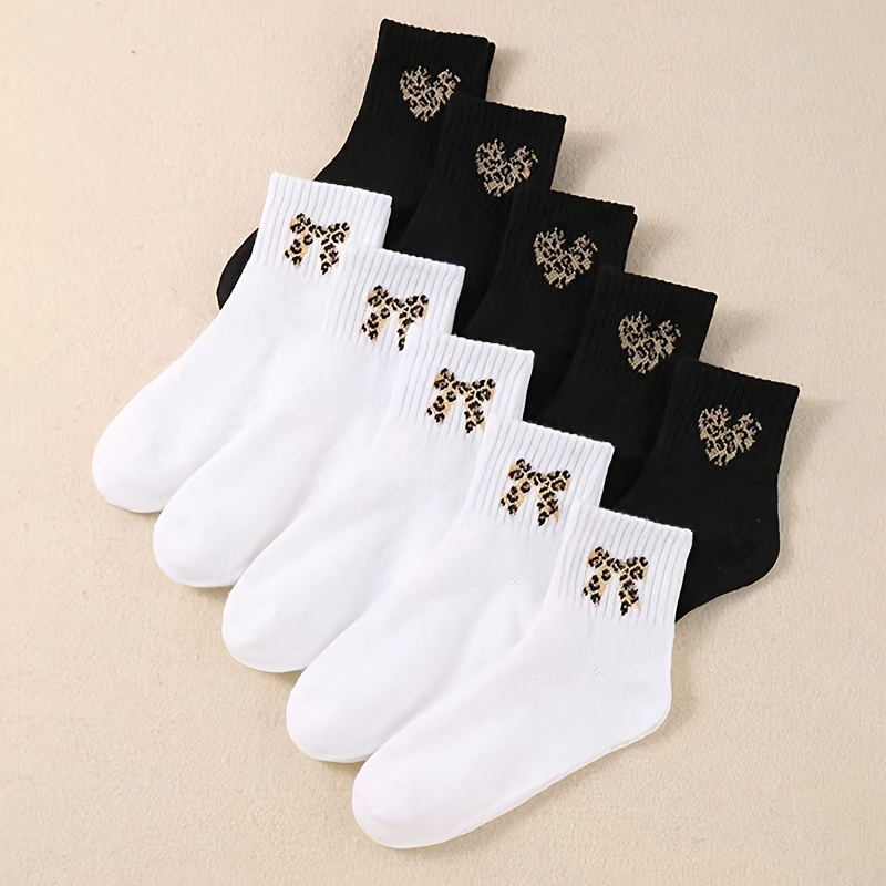 Image of 10 Pairs Kids Socks With Leopard Print Bow And Heart Accents For Girls - Breathable Everyday Mid-calf Socks, Fall And Winter Clothes