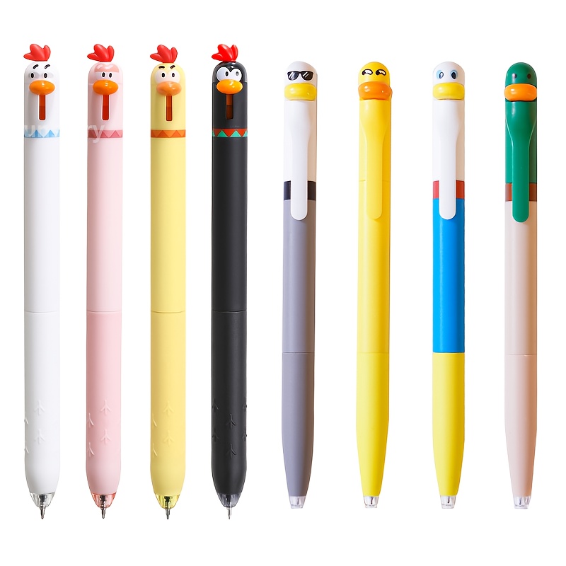 8 pack funny cute duck chicken gel pens 0.5mm black ink quick dry   combo st tip extra smooth for  , study tools, office stationery, cute design,   pens, quick dry ink, ergonomic grip, gel pen set, twist mechanism, creative writers, professionals Product details 9