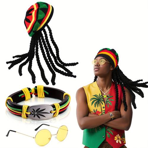 3pcs rasta costume accessories set jamaican hat with dreadlocks yellow glasses braided bracelet caribbean reggae masquerade for women men party role play costume halloween carnival