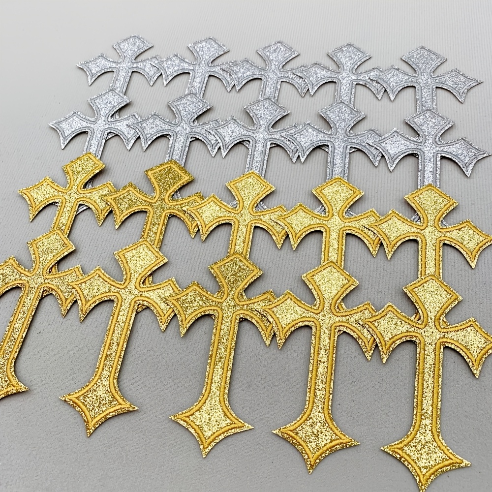20pcs cross design iron on embroidery patch polyester badge fashion applique decorative accessory for backpacks jeans jackets t shirts hats dresses etc sparkling golden silvery valentines day gift party clothing decoration